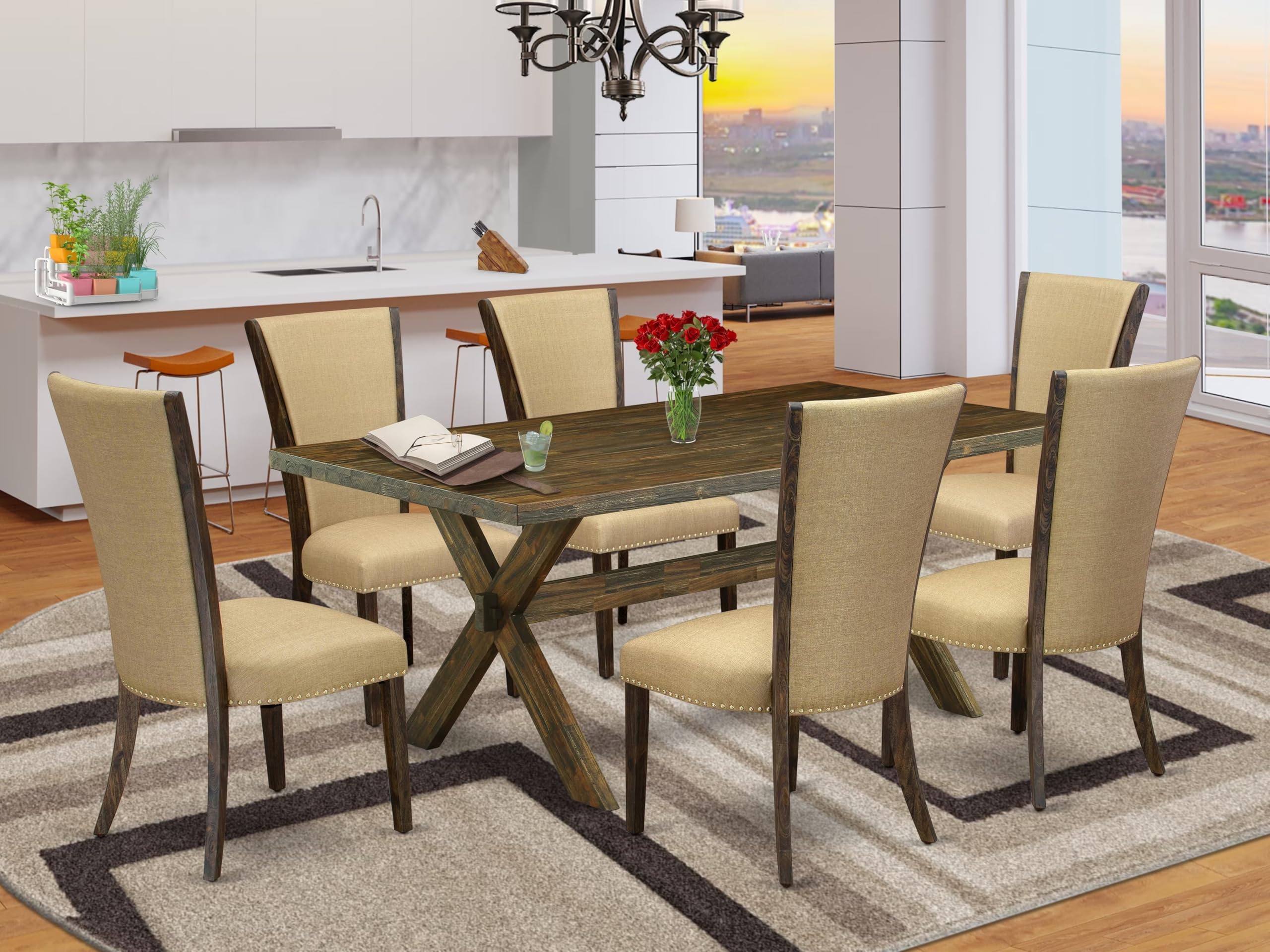 East West Furniture X777Ve703-7 7 Piece Dinette Set Consist Of A Rectangle Dining Room Table With X-Legs And 6 Brown Linen Fabric Upholstered Parson Chairs, 40X72 Inch, Multi-Color